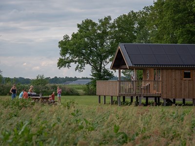 Uniek houten vakantiehuisje op palen in een Drents weiland Uniek houten vakantiehuisje op palen in een Drents weiland