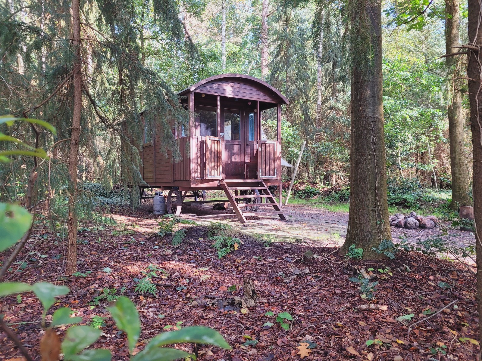 Slaapwagen midden in het bos met een eigen vuurplaats