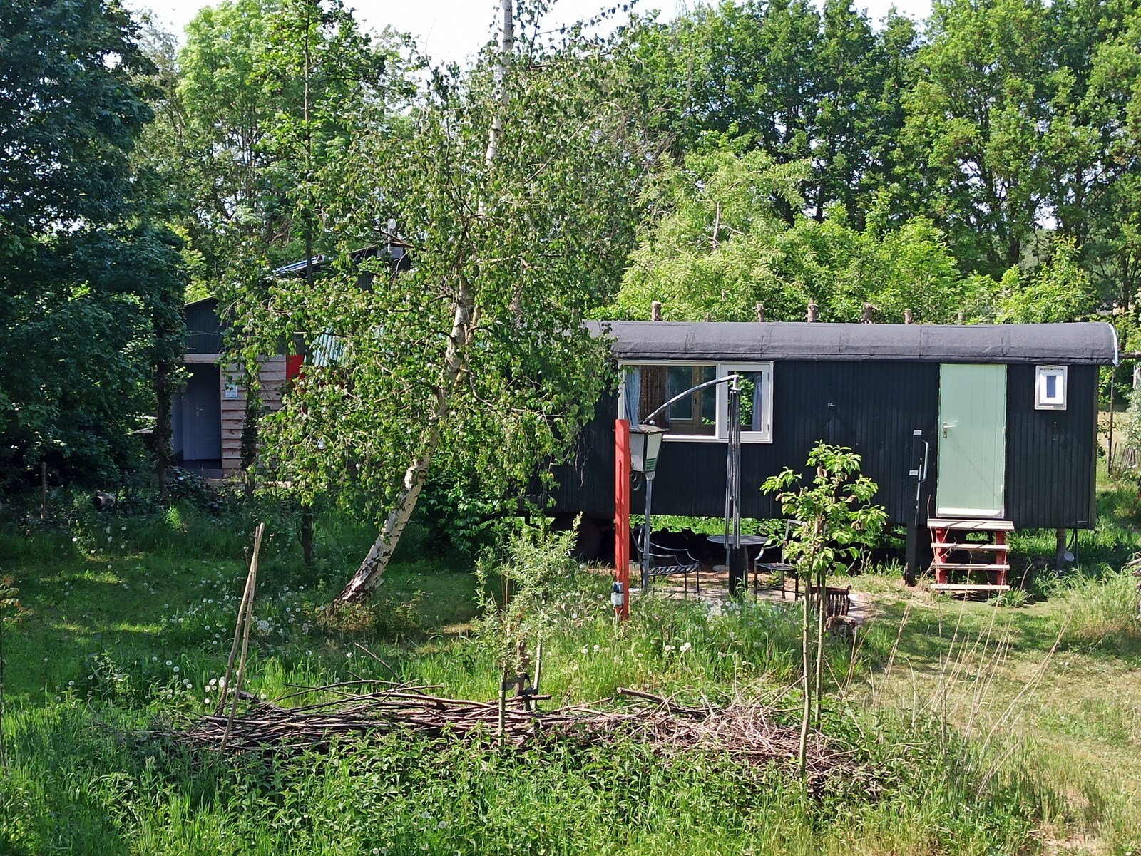 Pipowagen op een groen natuurkampeerterrein