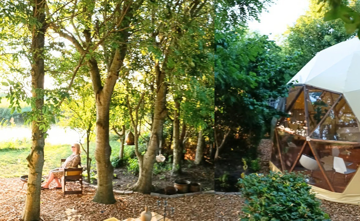 Dome met uitzicht over de weilanden en het water