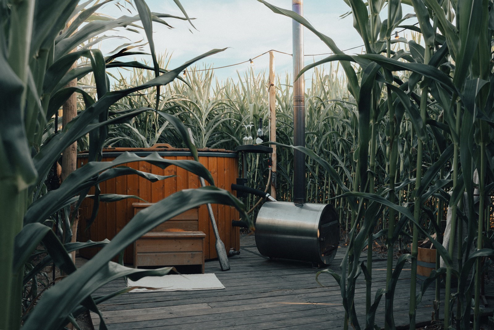 Glamping tussen de maïsvelden met privé hottub