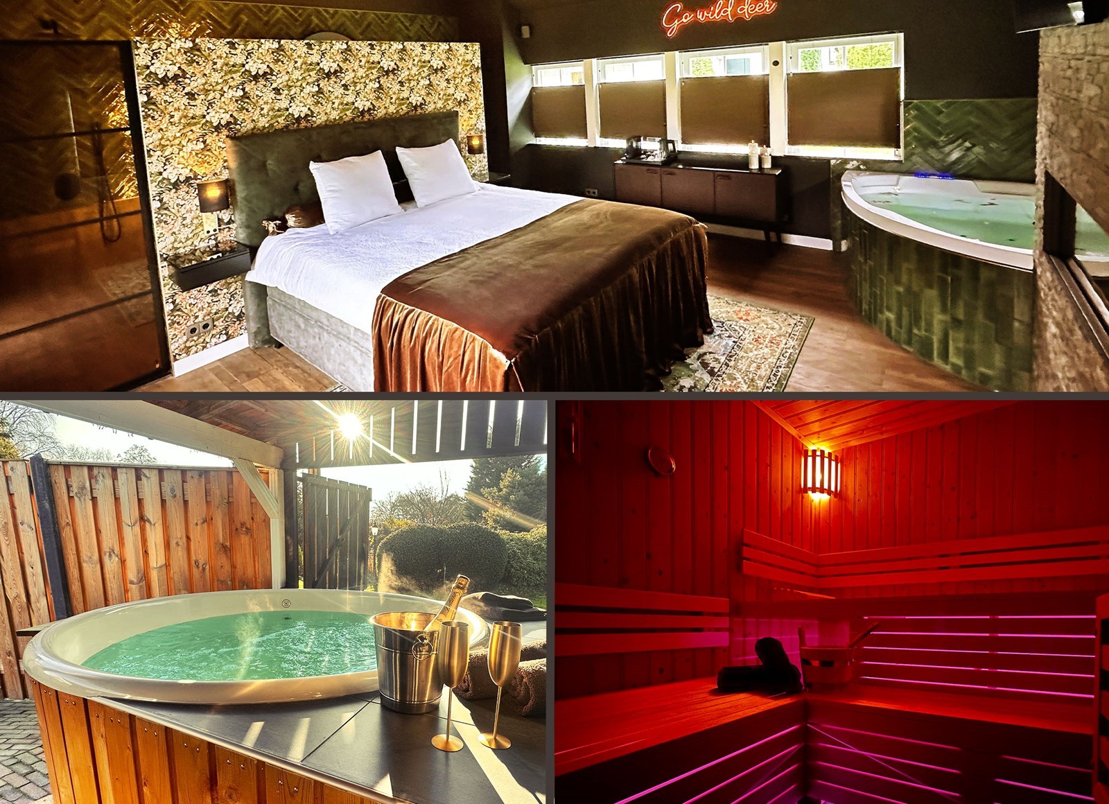 Luxe Jachthut Suite met 2 persoons Bubbelbad, eigen Hottub, Privé Sauna, Thuisbioscoop, Duo Douche en Openhaard & toegang Wellness Tuin. *** Gratis Fles Prosecco en Partner Connect Box ***                          