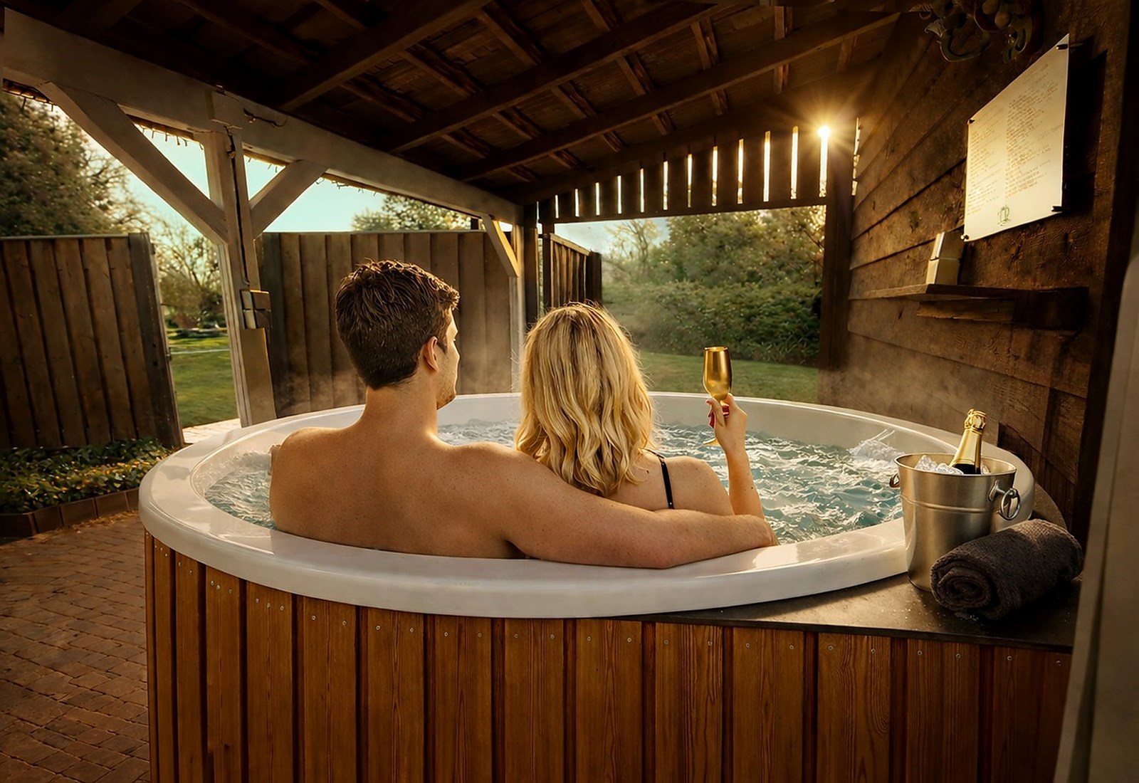 Luxe Jachthut Suite met 2 persoons Bubbelbad, eigen Hottub, Privé Sauna, Thuisbioscoop, Duo Douche en Openhaard & toegang Wellness Tuin. *** Gratis Fles Prosecco en Partner Connect Box ***