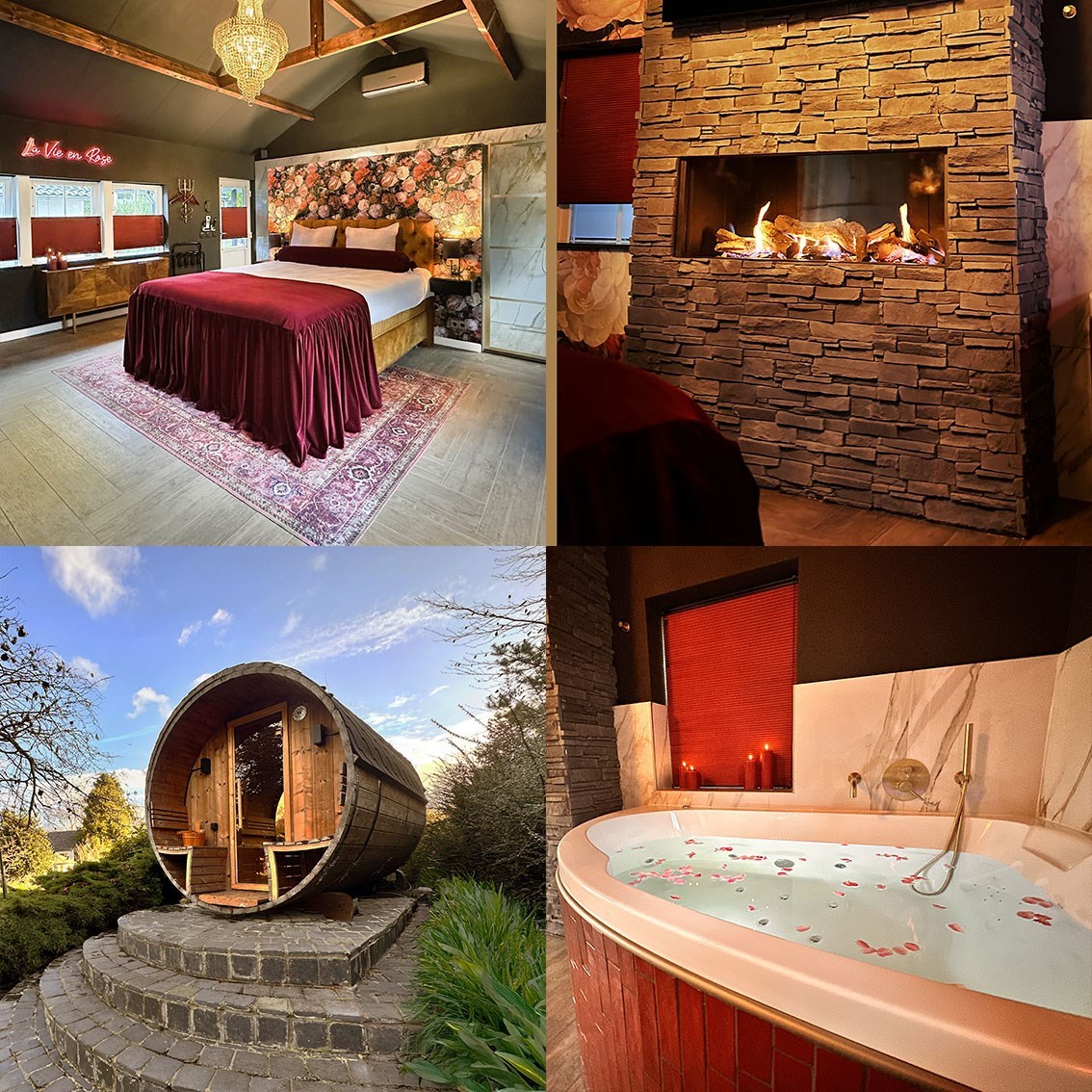 Luxe Boudoir Suite met 2 persoons Bubbelbad, Privé Sauna, Thuisbioscoop, Duo Douche en Openhaard & toegang Wellness Tuin. *** Gratis Fles Prosecco en Partner Connect Box ***                                   