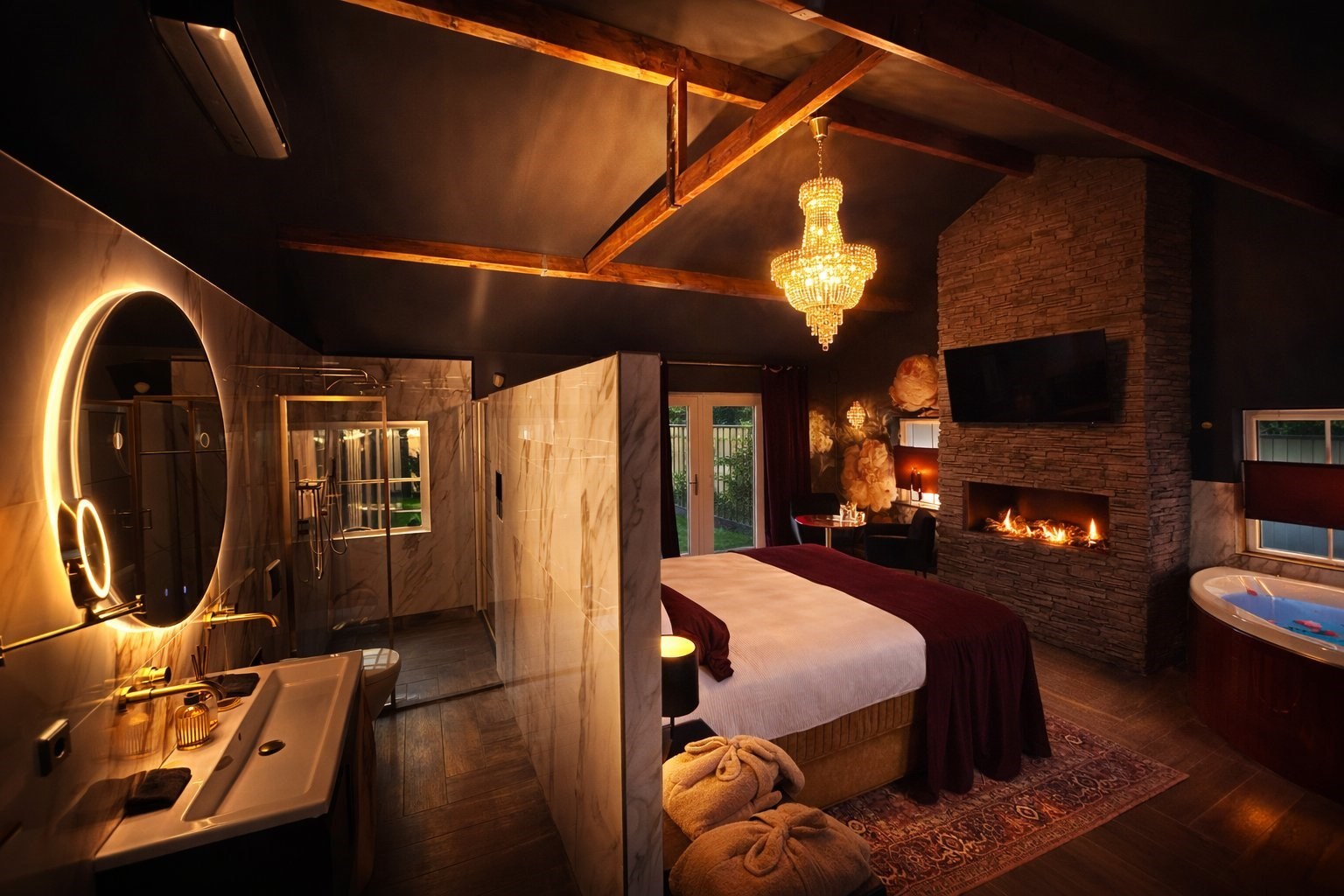 Luxe Boudoir Suite met 2 persoons Bubbelbad, Privé Sauna, Thuisbioscoop, Duo Douche en Openhaard & toegang Wellness Tuin. *** Gratis Fles Prosecco en Partner Connect Box *** 