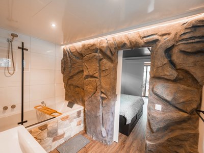 Tiny House met een sterrenplafond boven het bed Tiny House met een sterrenplafond boven het bed