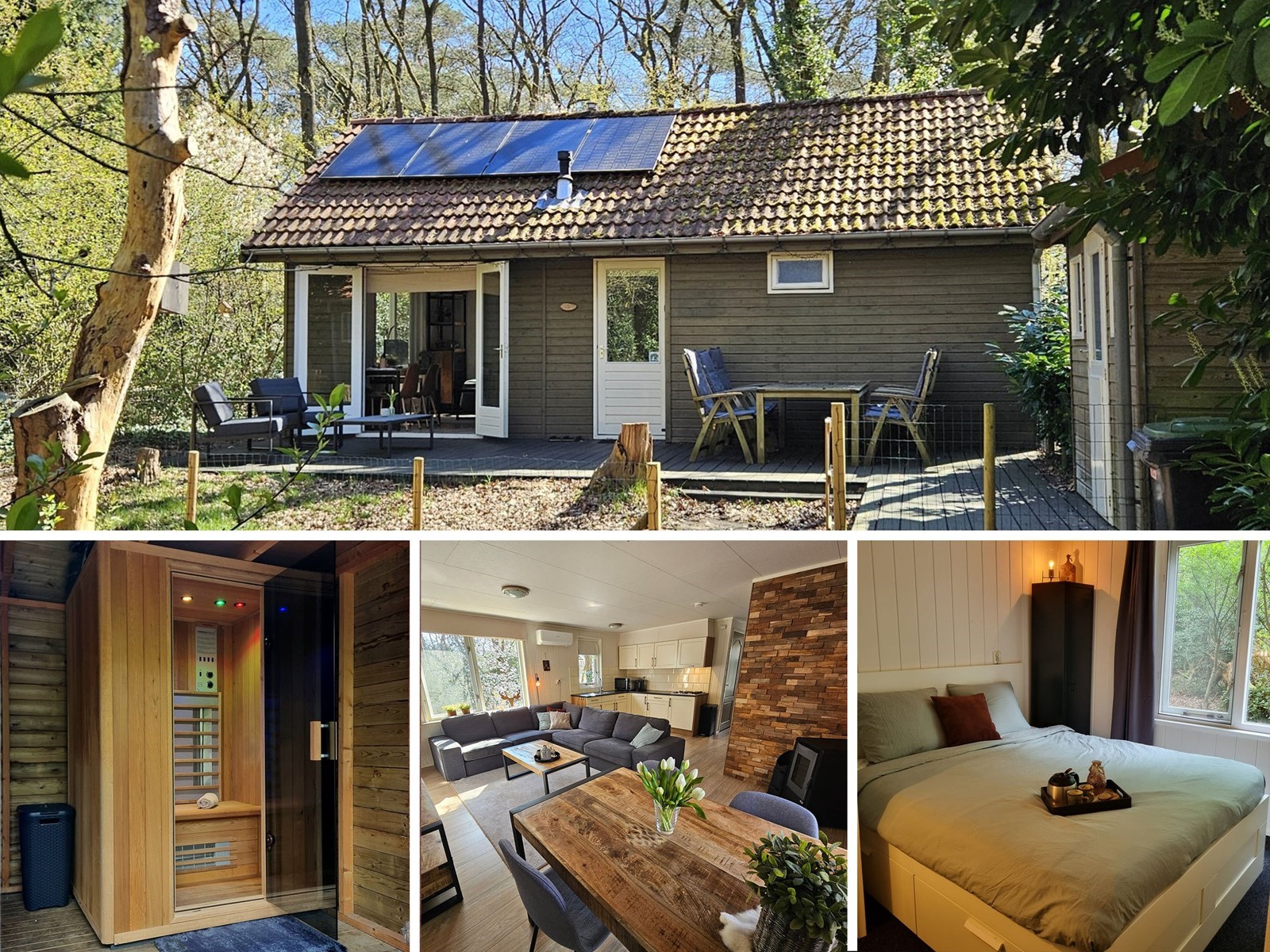 Vrijstaand boshuisje midden in de natuur met een sauna