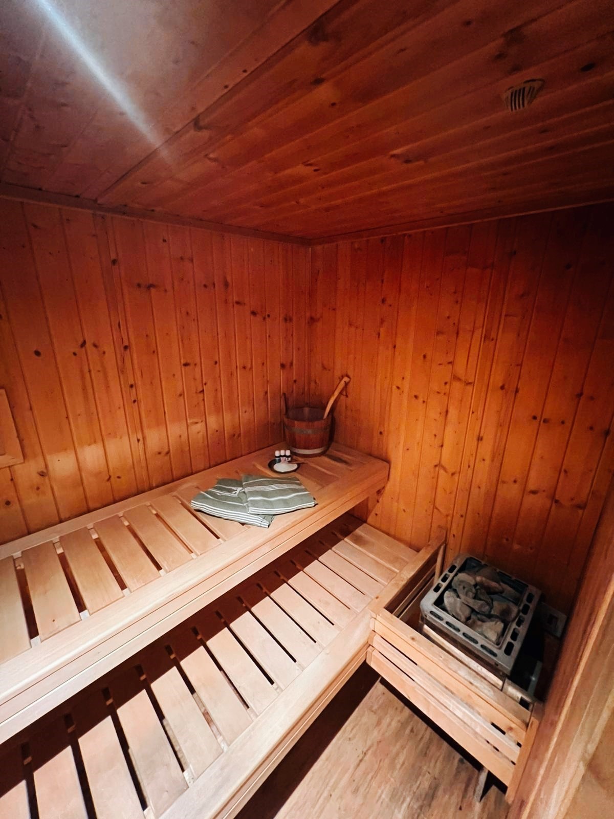 Luxe wellness suite met gouden bubbelbad, bioscoop & sauna.