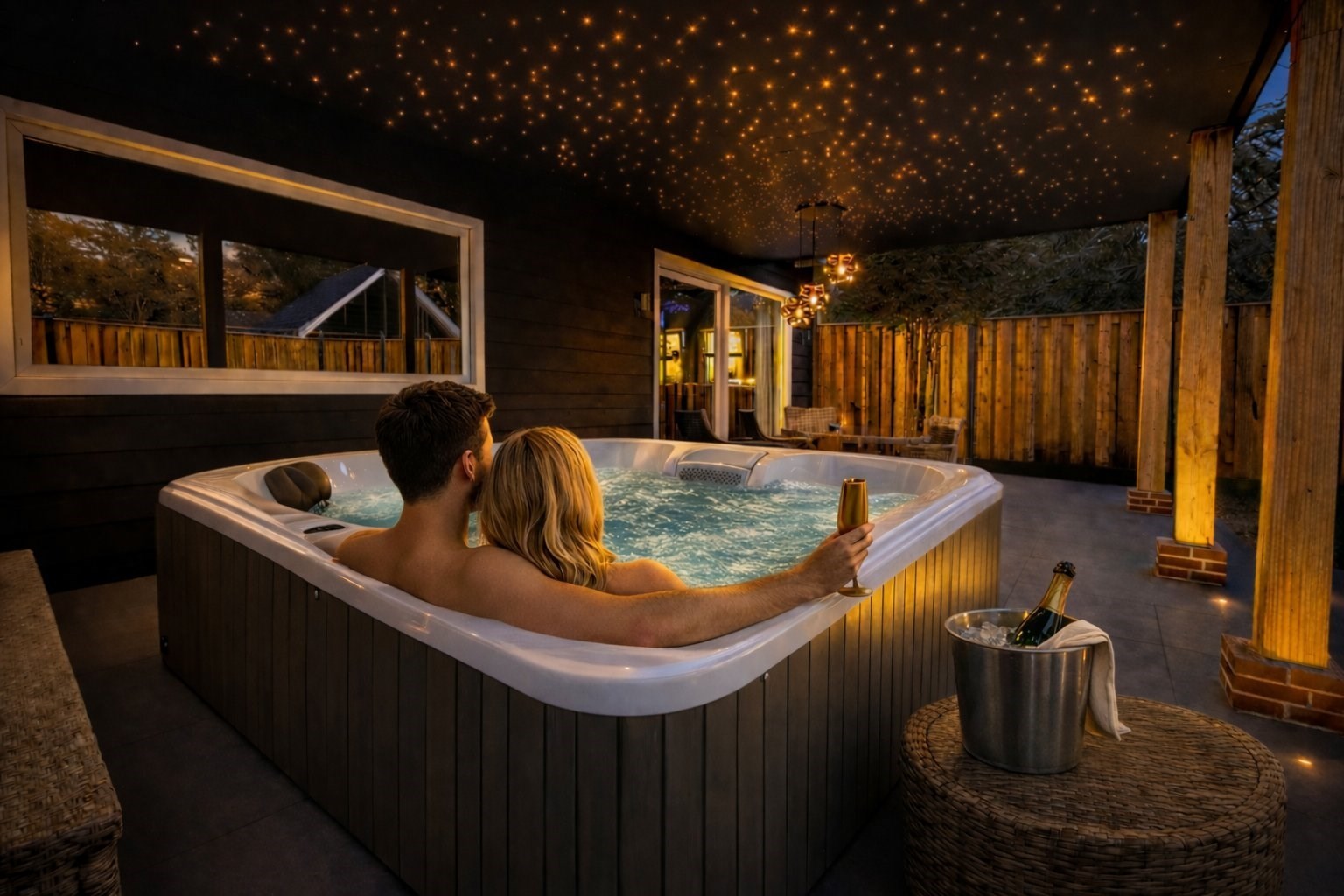 Luxe Wellnesslodge met sauna en 2 persoons bubbelbad onder een hemel van honderden lichtjes - Stoomcabine & thuisbioscoop - Openhaard & toegang Wellness Tuin - *** Gratis Fles Prosecco en Partner Connect Box ***