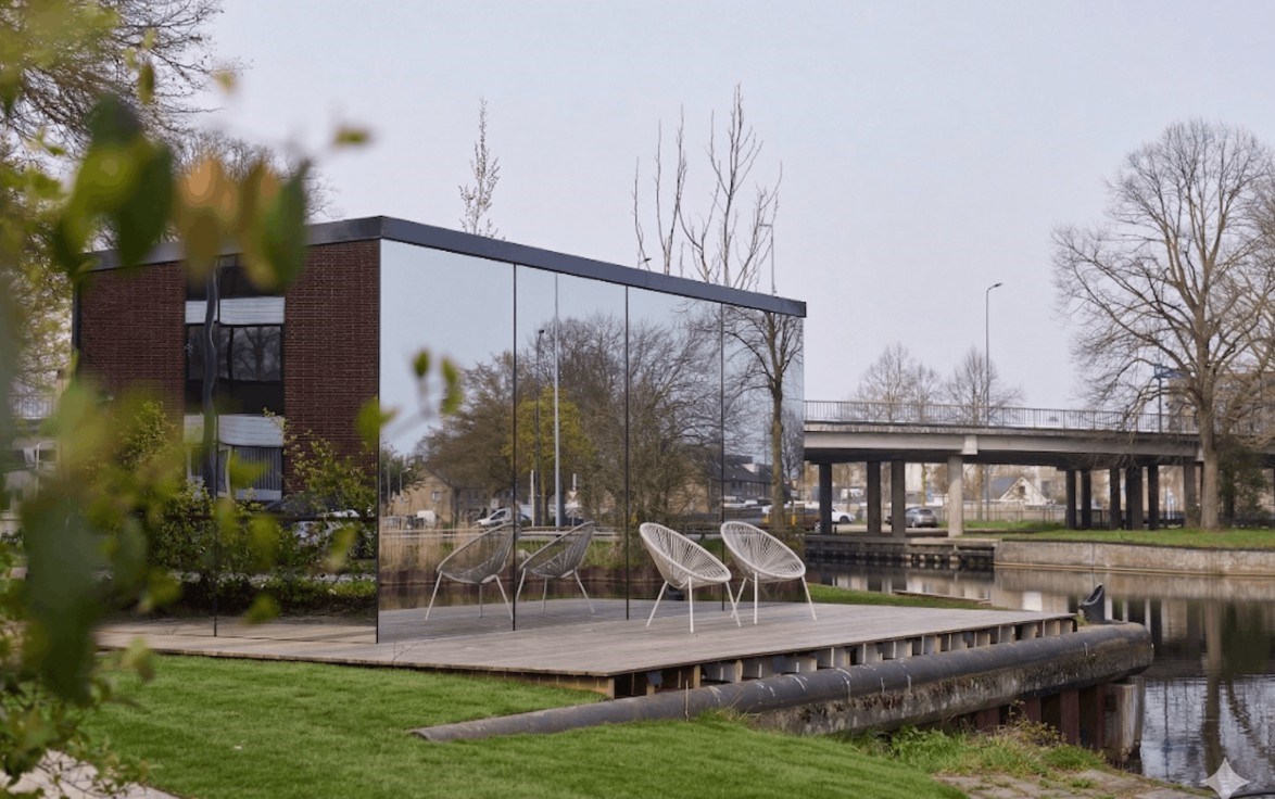 Spiegelhuisje aan het brede kanaal van Den Bosch. Hier slaap je in een illusie.