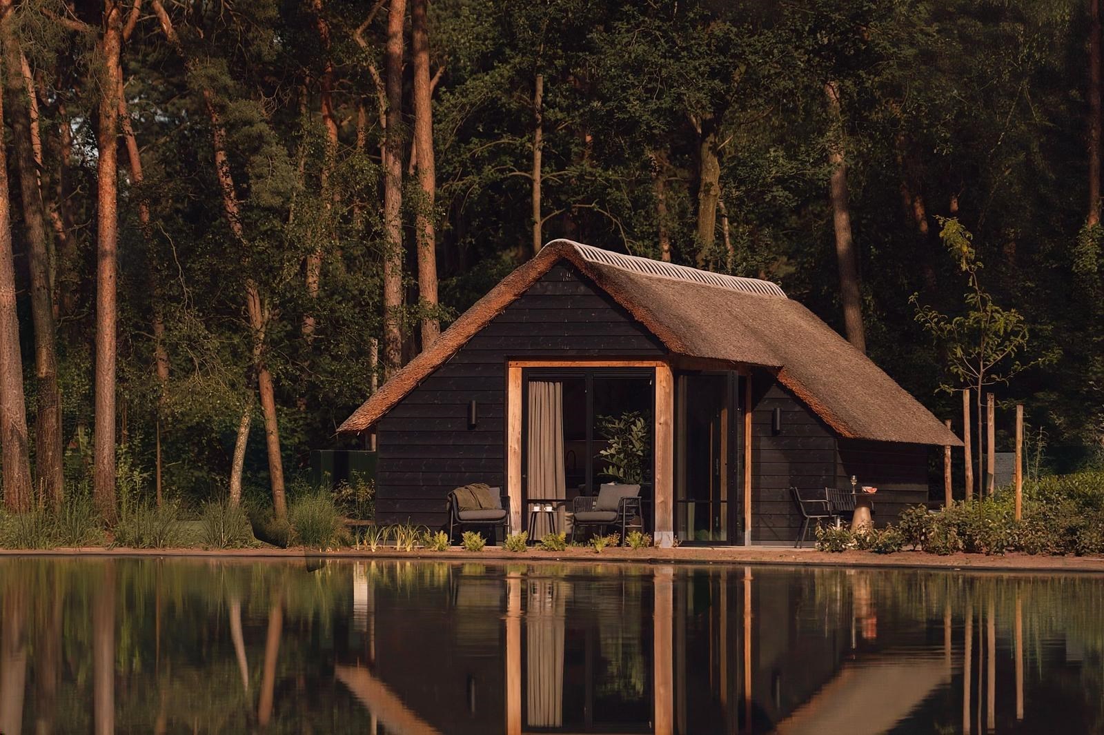 Bosstudio met hottub en sauna aan een zwemvijver