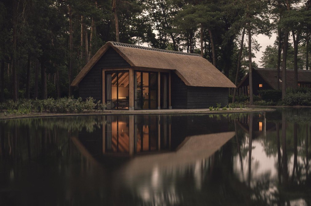 Bosstudio met hottub en sauna aan een zwemvijver