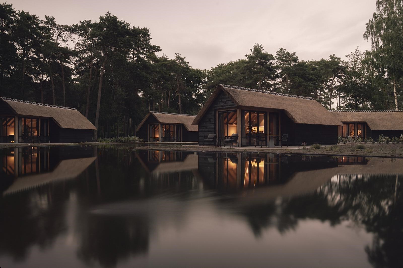 Bosstudio met hottub en sauna aan een zwemvijver