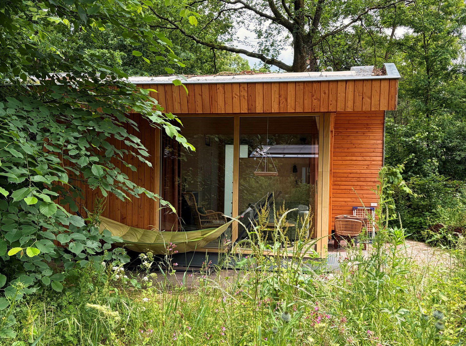 Duurzaam tiny house waar vanuit je zo het bos inloopt