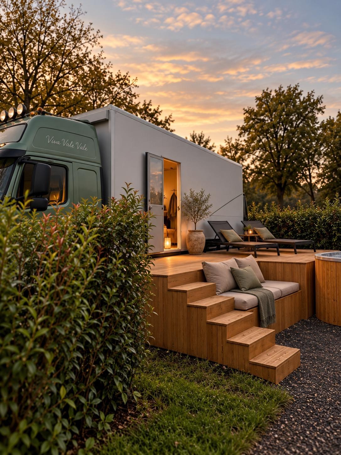 Slapen in een omgebouwde vrachtwagen met hottub en je eigen privé-minibioscoop